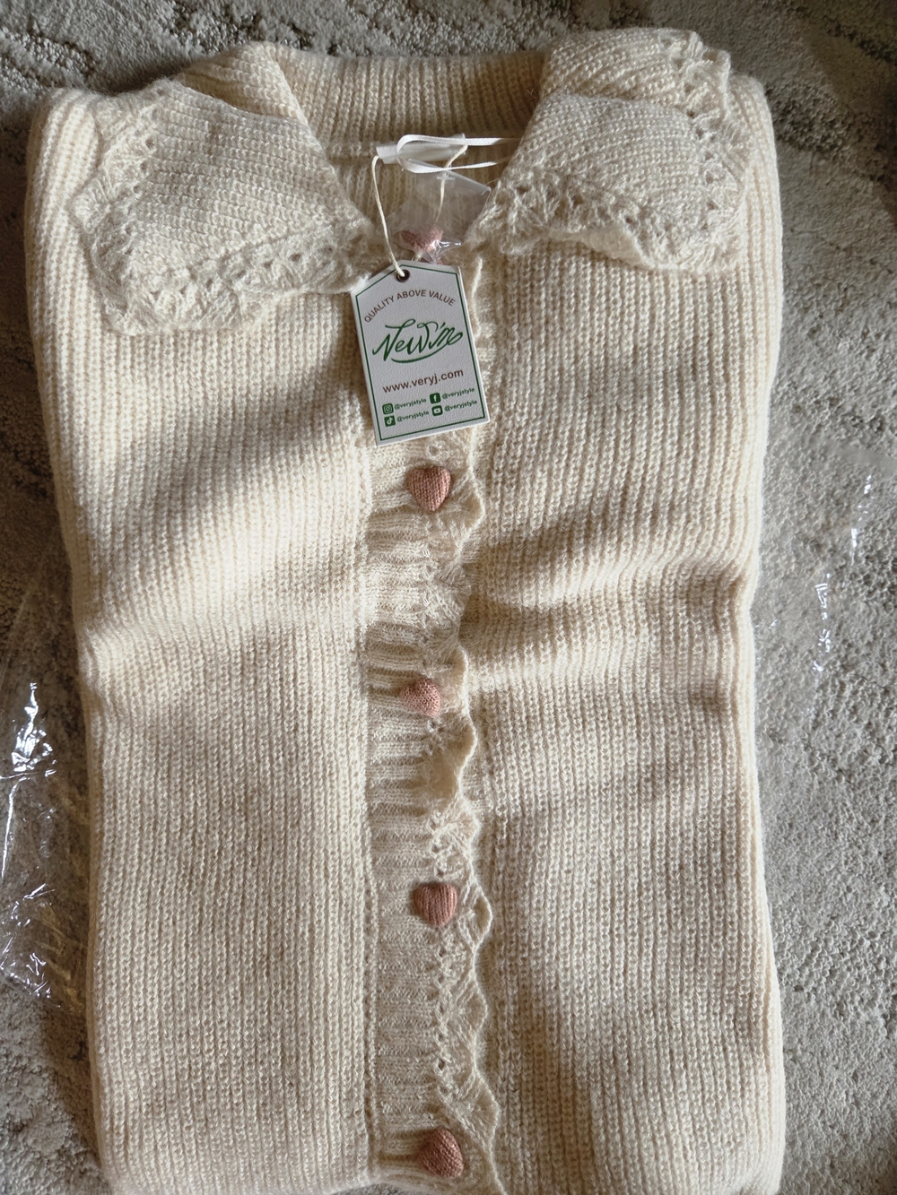 Very J Cream Knit Cardigan with Pink Heart Buttons